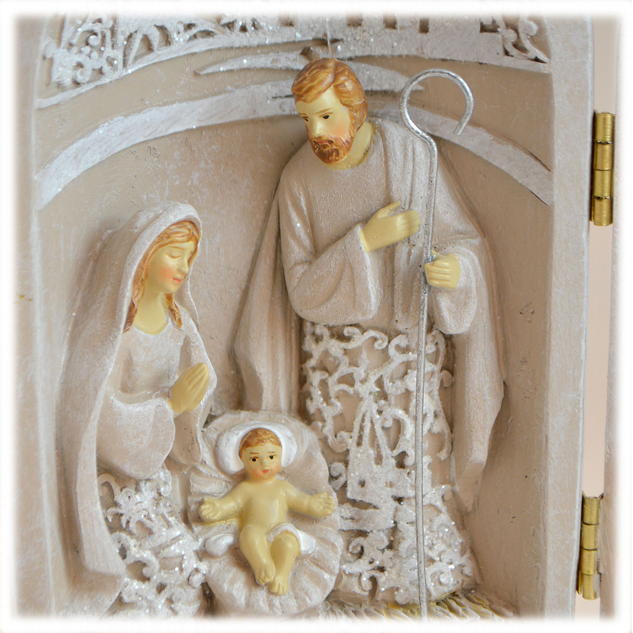 Detail of the inside of the Holy Family Triptych 8.5 IN