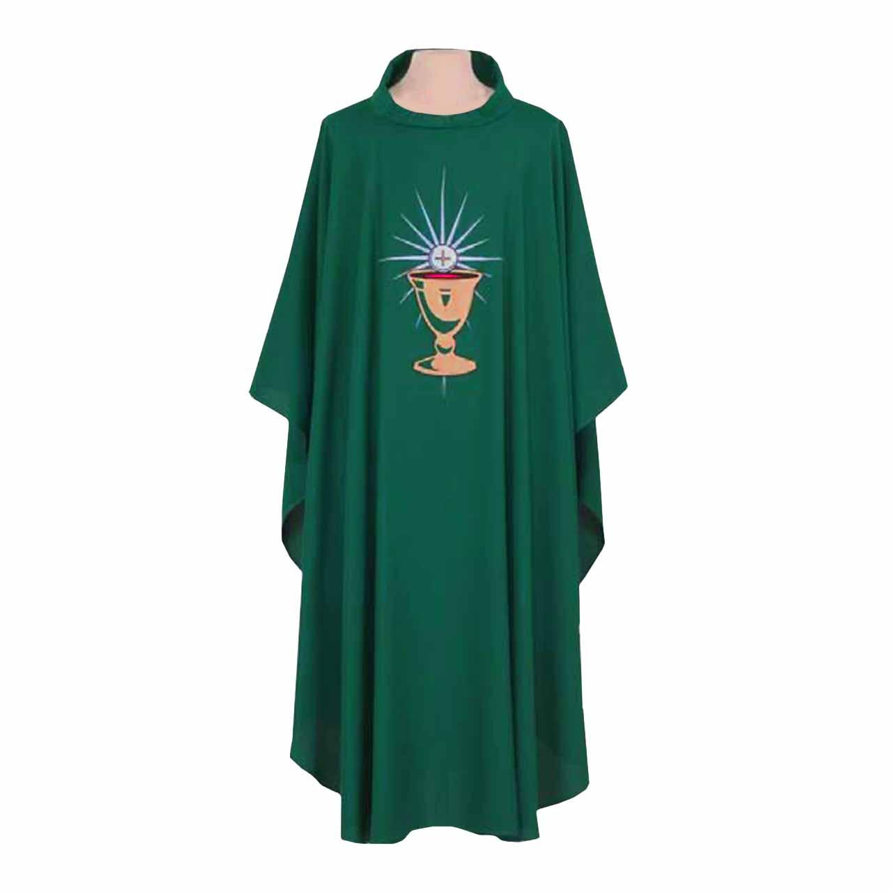 811 Green Chasuble with embroidered Chalice and Host