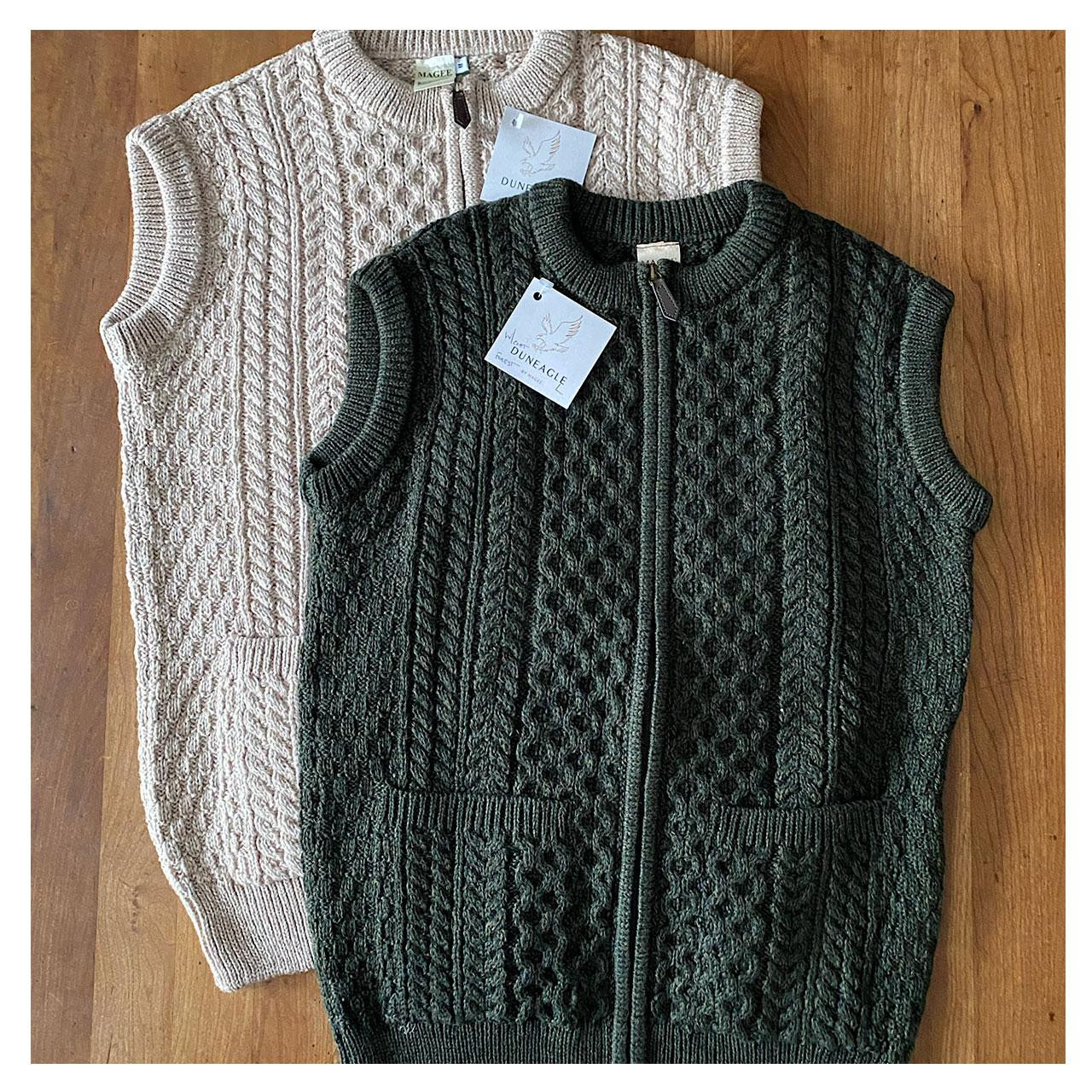 Natural and Forest Green Wool Irish Sweater Vest for Men or Women