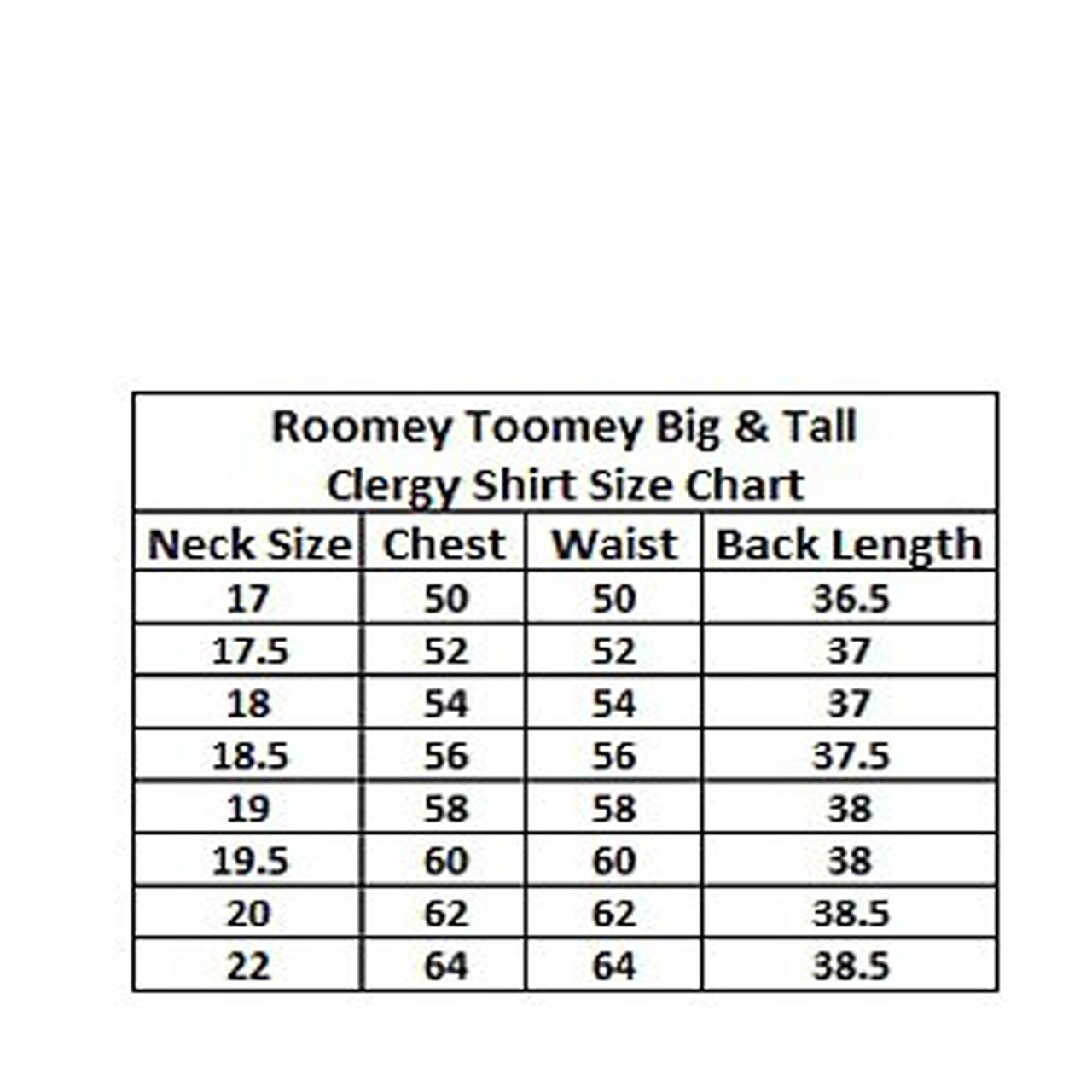 222 Big & Tall LS Tab Collar Shirt size chart