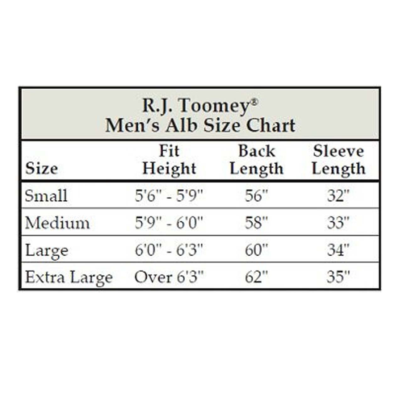 WC894 Traditional Alb from R.J. Toomey size chart
