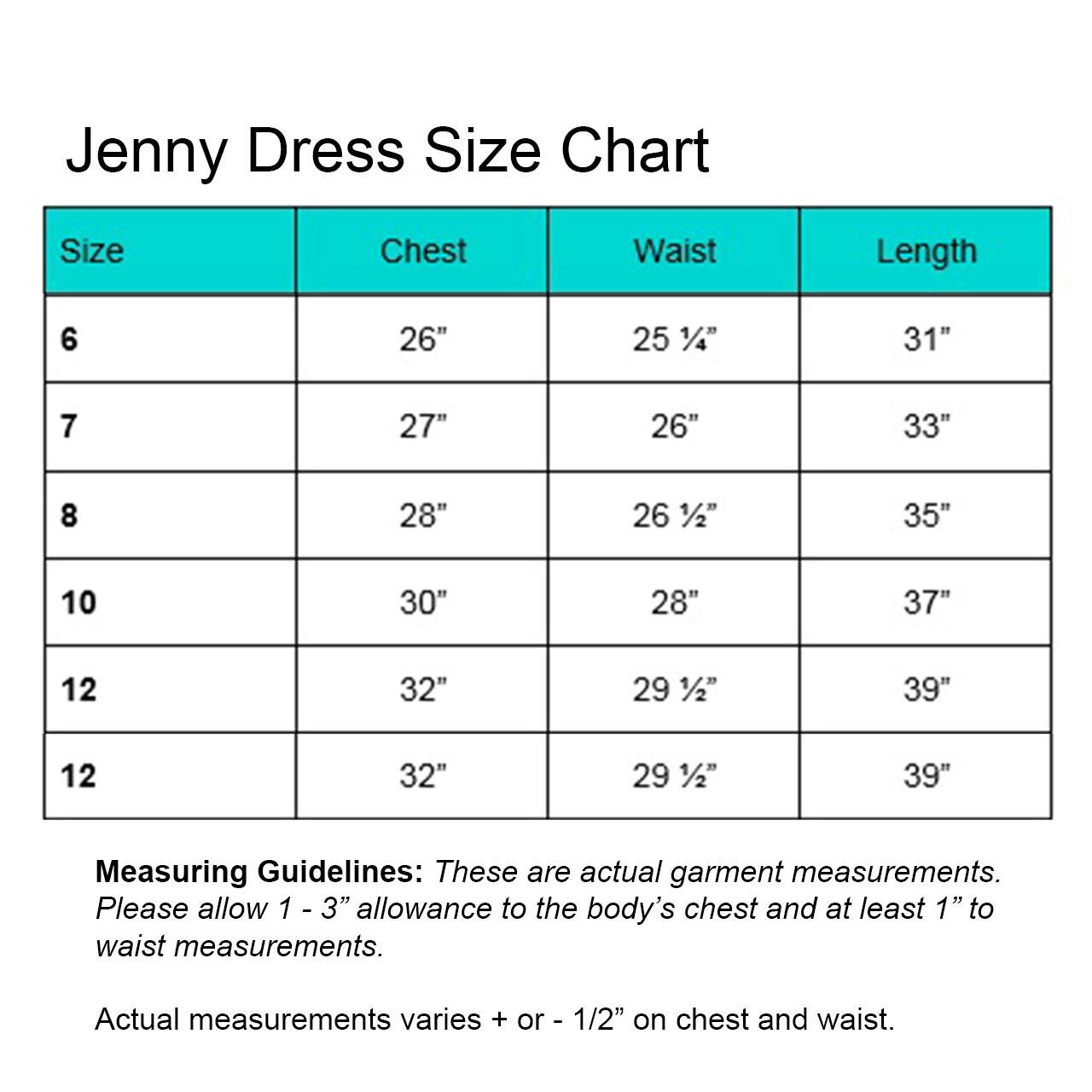 Size Chart for Jenny First Communion Dress