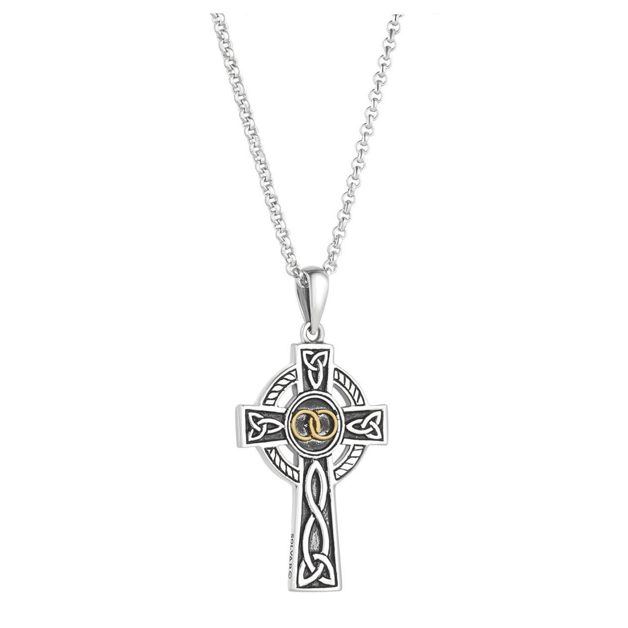 Small Celtic Cross Wedding Pendant made in Ireland with Irish Hallmarked sterling silver and gold plated wedding rings