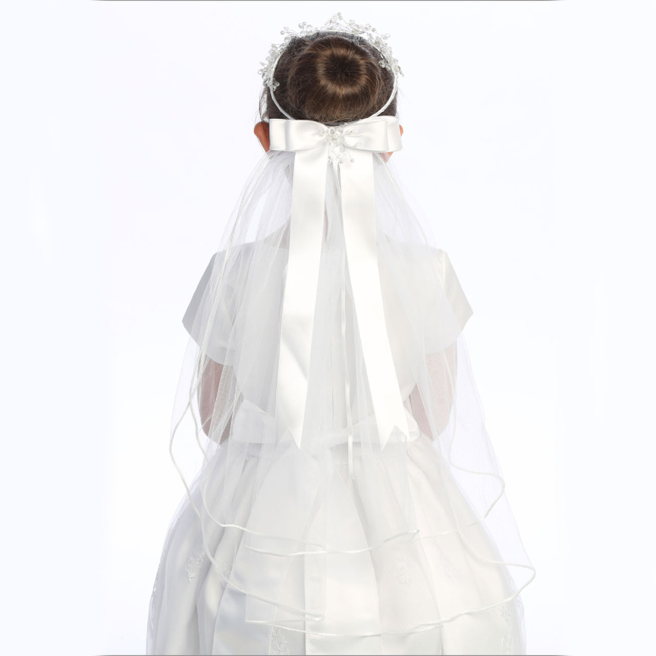 Model from the back wearing the Crystal Flower Crown Veil