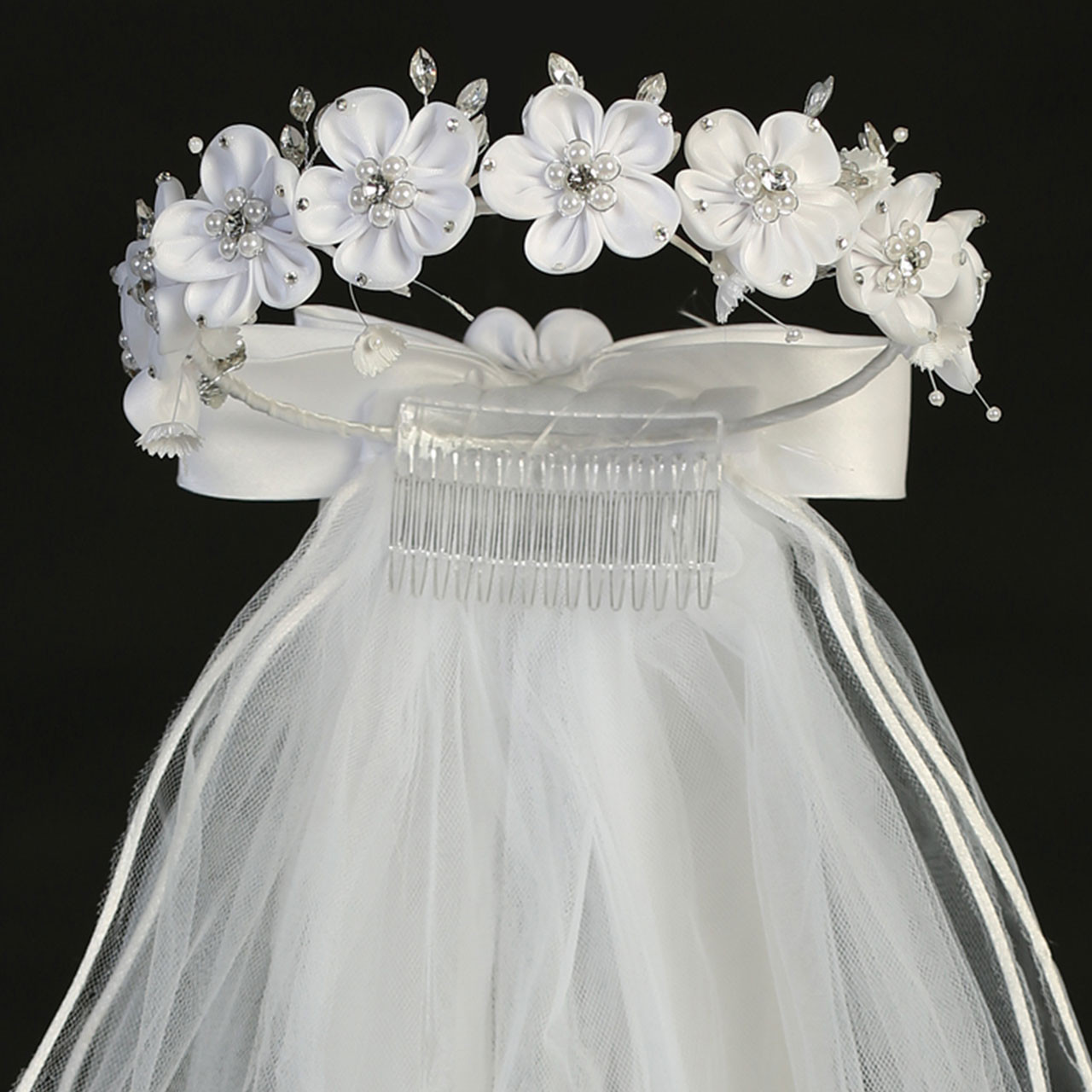 Girls First Communion Veil White Floral Wreath Pearls Center Headband with  Bow Flower Girl Wedding Kids Veils Crown