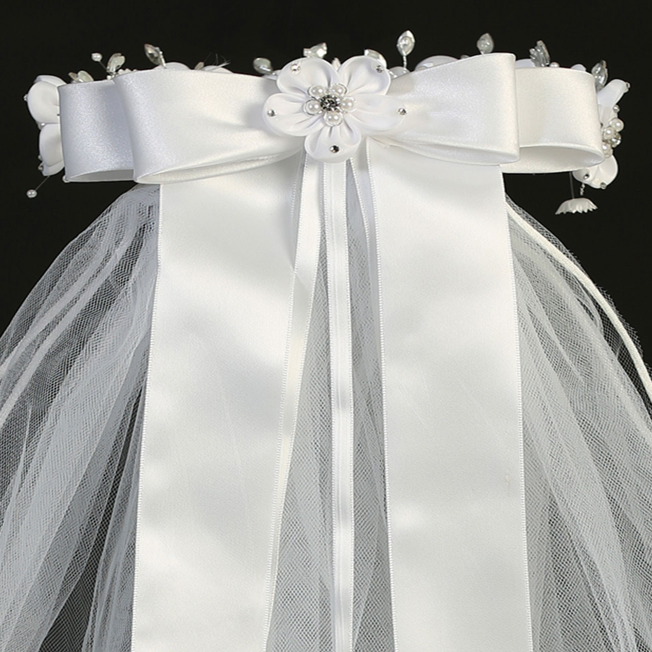 Girls First Communion Veil White Floral Wreath Pearls Center Headband with  Bow Flower Girl Wedding Kids Veils Crown