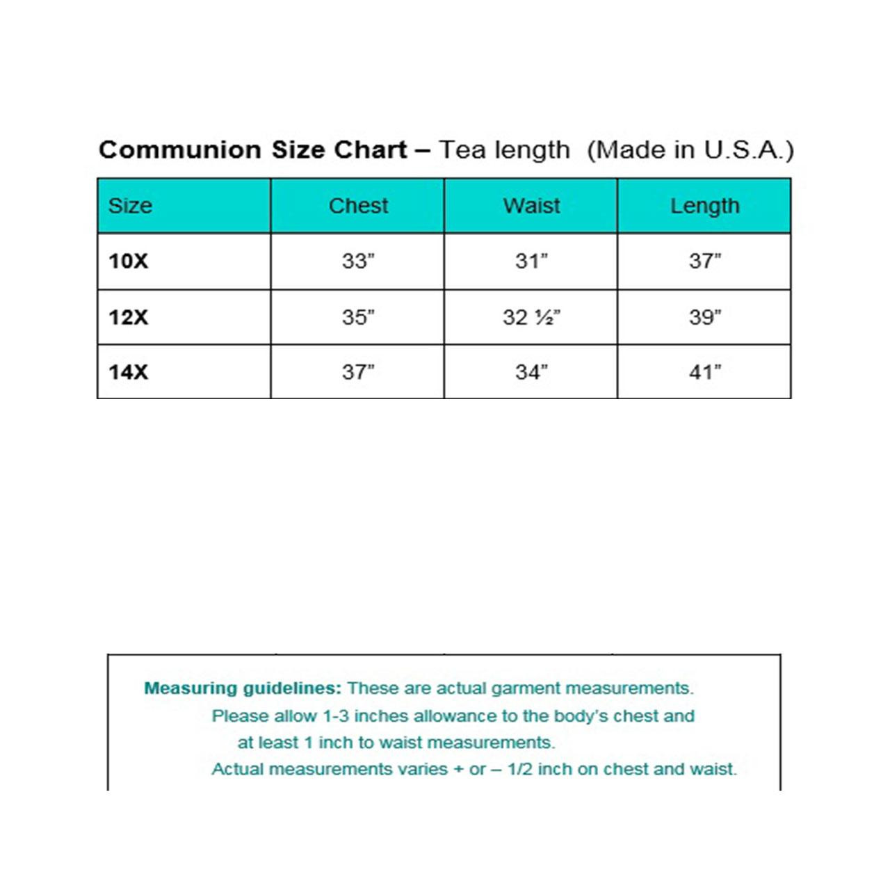 Size Chart for the Extended Sizes Brigid Communion Dress