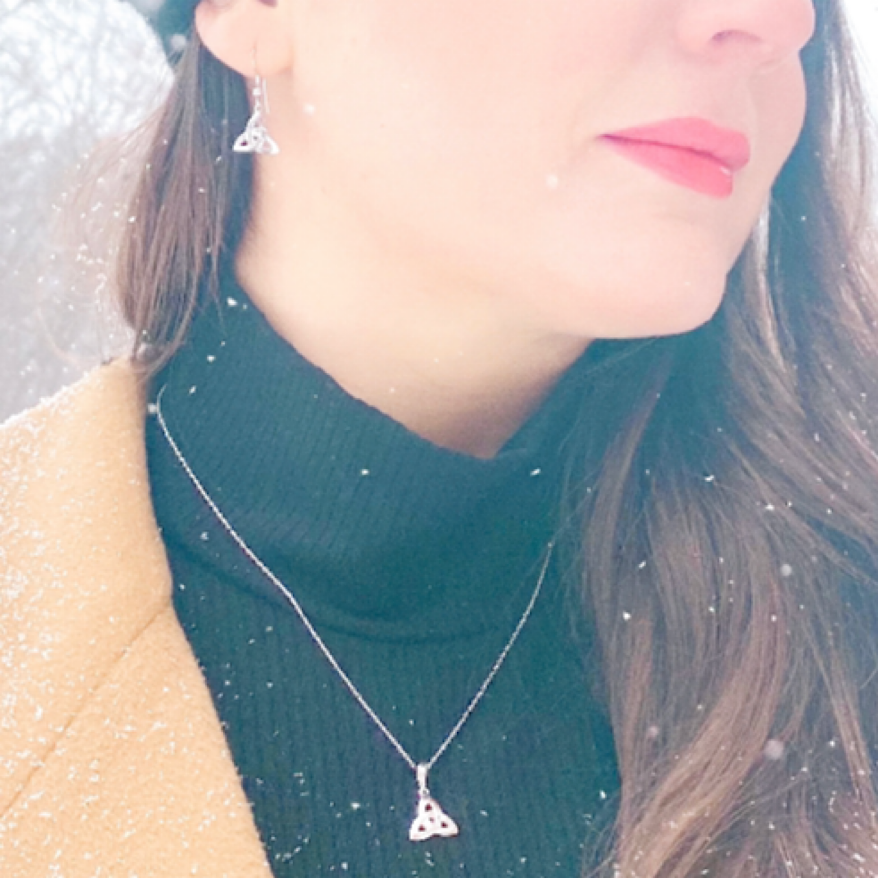 Model wearing both Trinity Knot Earrings and Pendant Valentine's Day BOGO Set