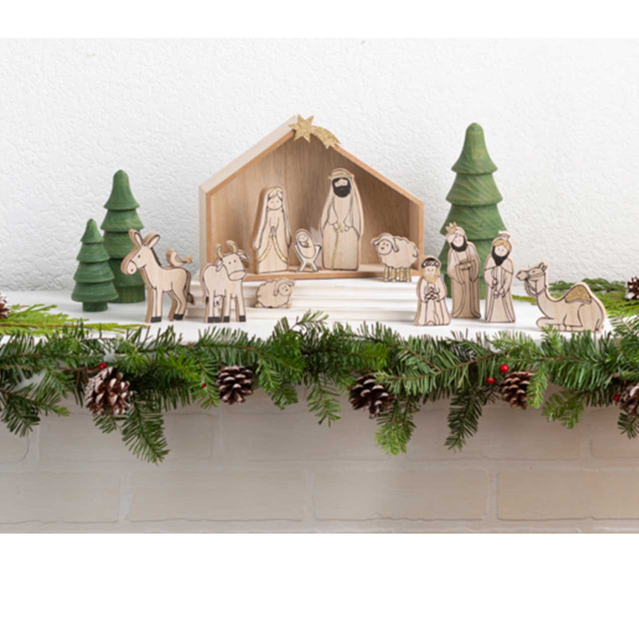 12 Piece Wood Look Nativity Set shown in a sample display