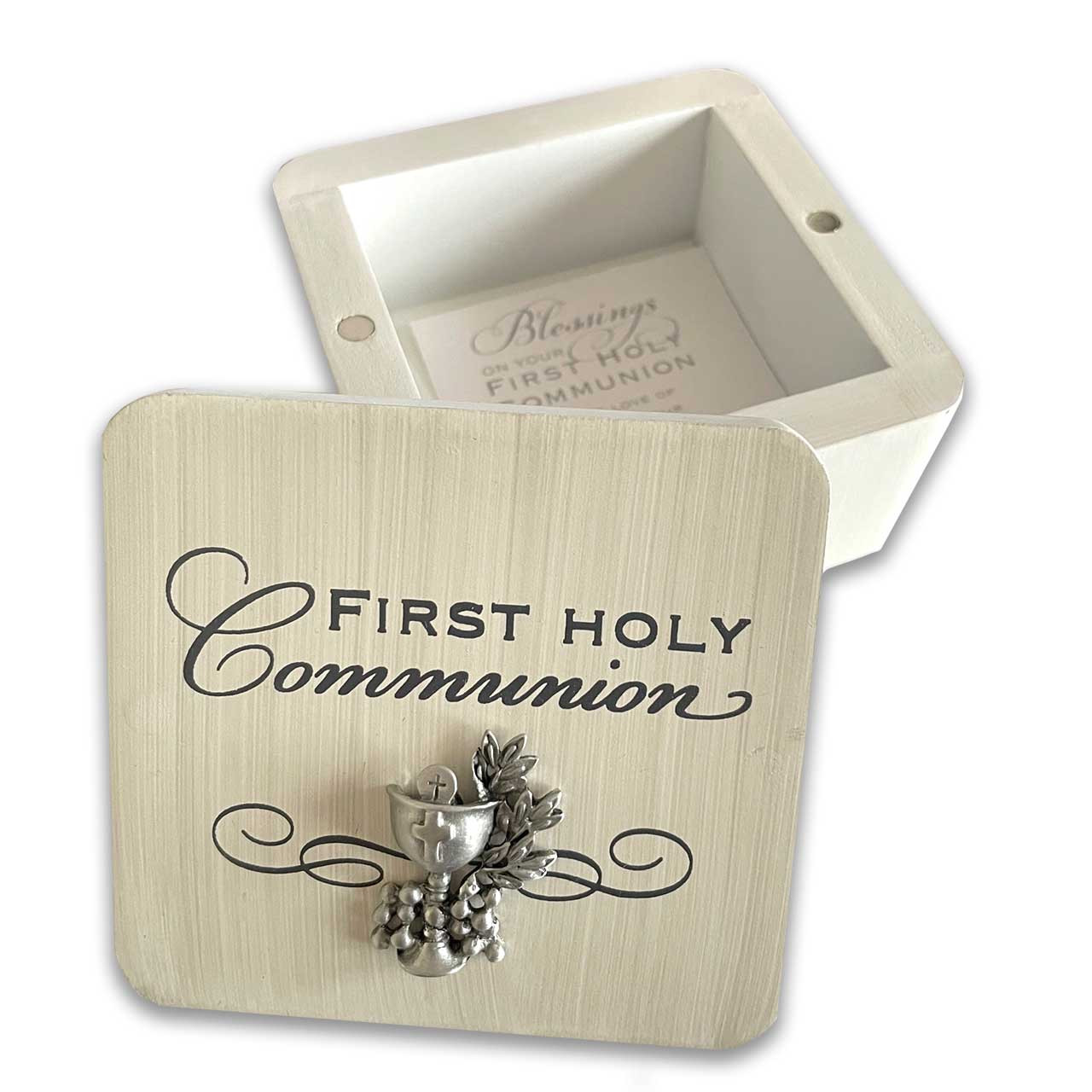 White First Communion Keepsake Box showing magnetic closure lid