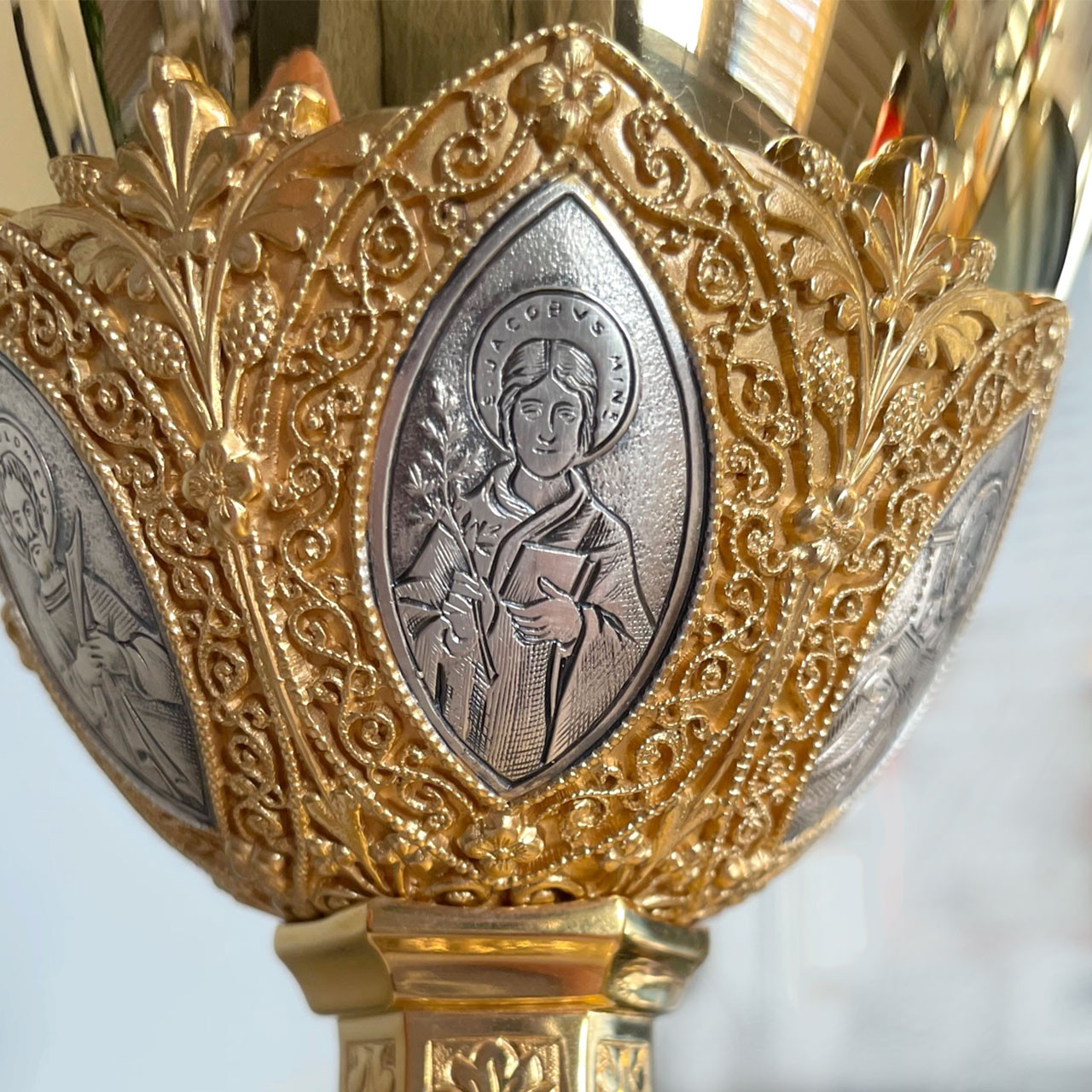 Chalice cup detail photo of the 2132 "The Apostles" Chalice 12oz with Scale Paten