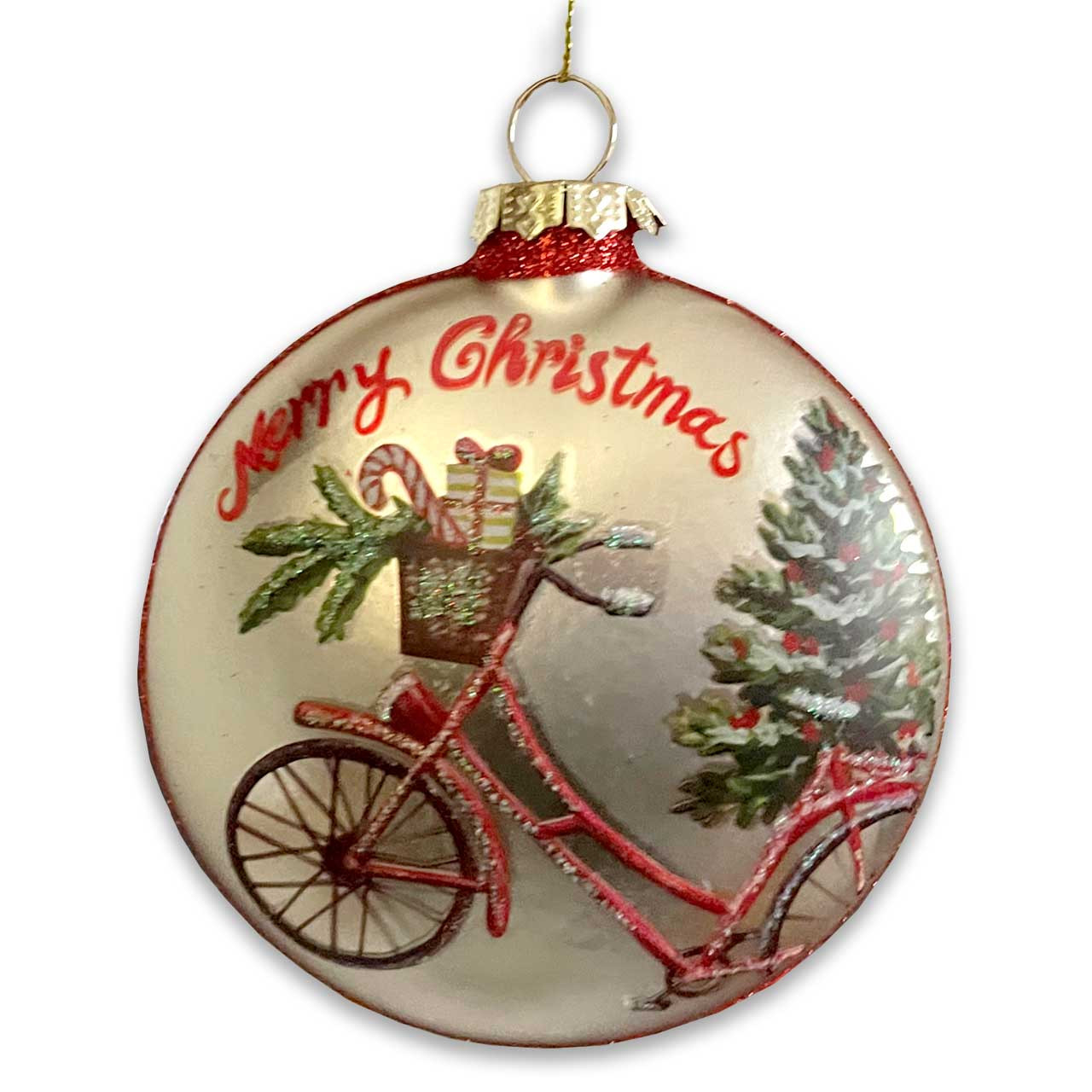 Merry Christmas Glass Ornament with Bicycle