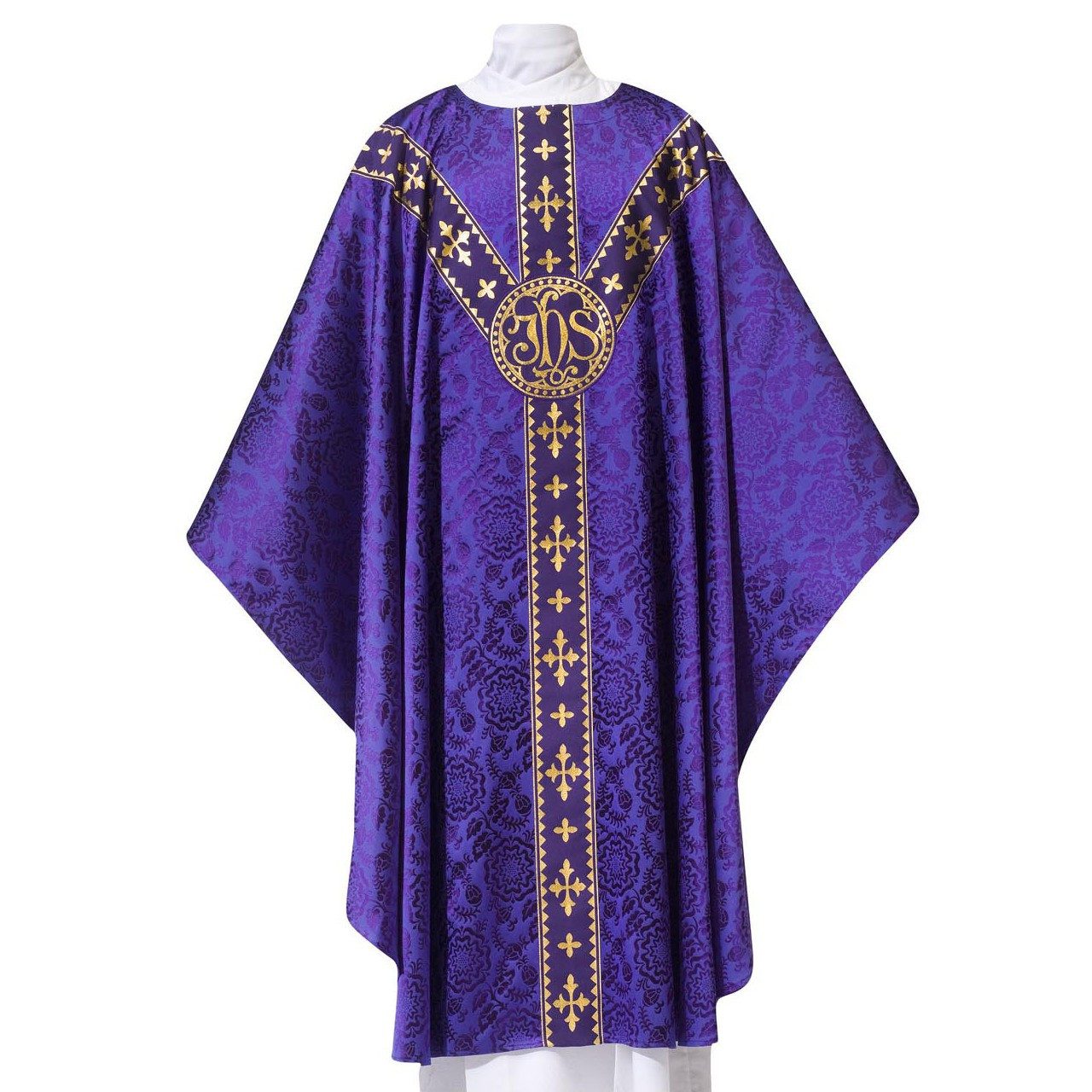 101-0930 JHS Chasuble in Tudor Rose Damask Purple