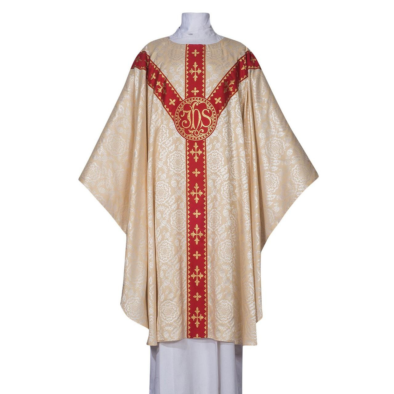101-0930 JHS Chasuble in Tudor Rose Damask White