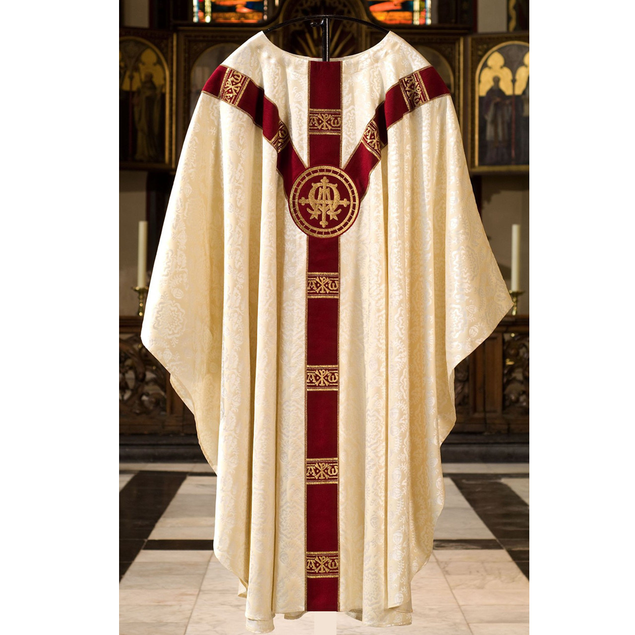 101-0920 Alpha Omega Chasuble in Tudor Rose White-Red