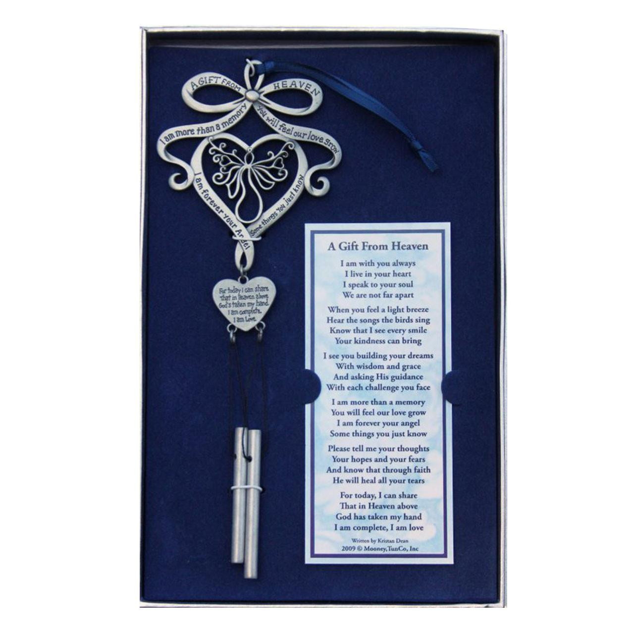 Memorial Gift from the Heart in the attractive gift box that includes Angel Ornament and wind chime