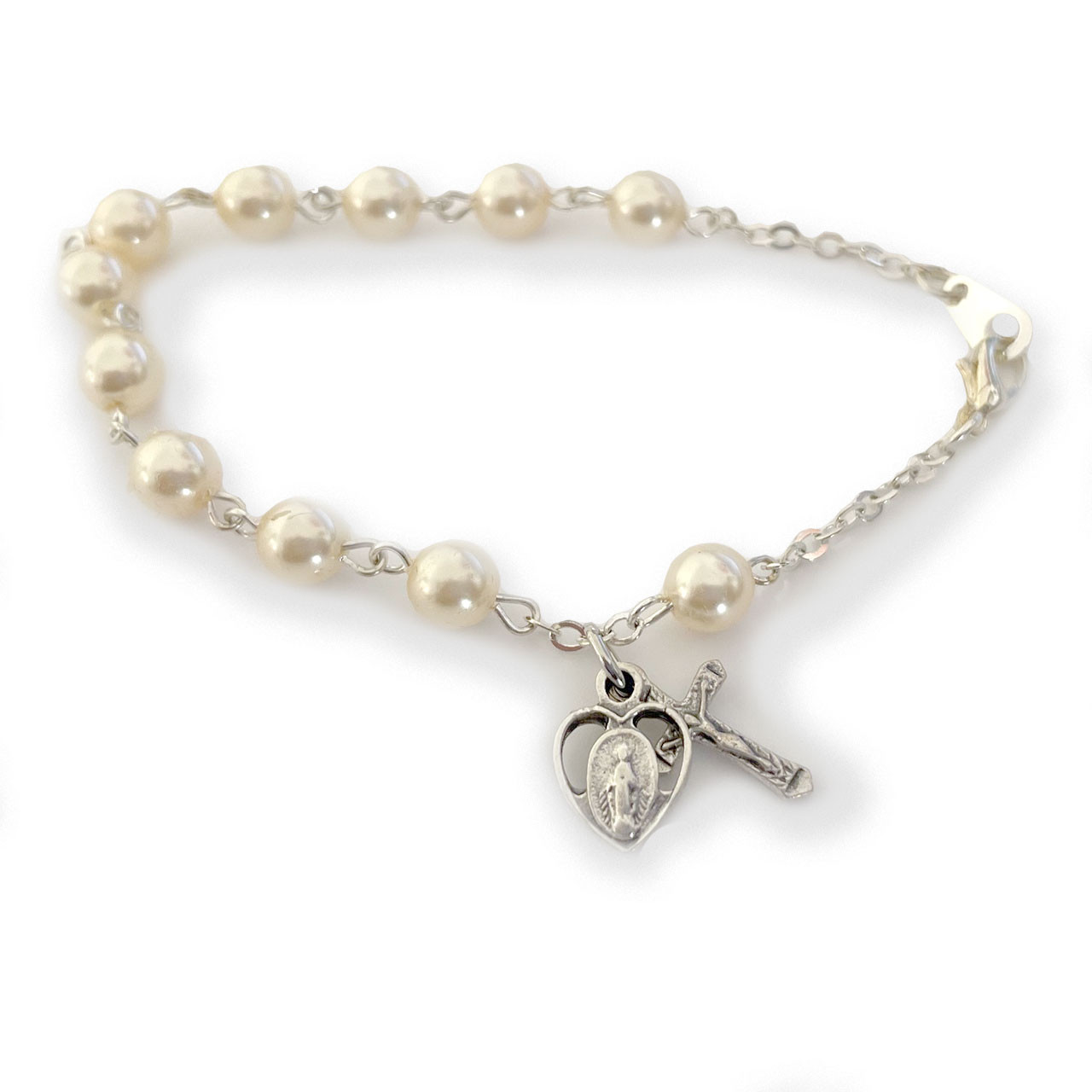 Mother of Pearl Cross Rosary Bracelet, Catholic Jewelry