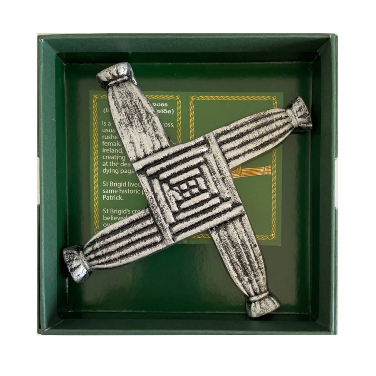St. Brigid Cross in White Metal in the gift box