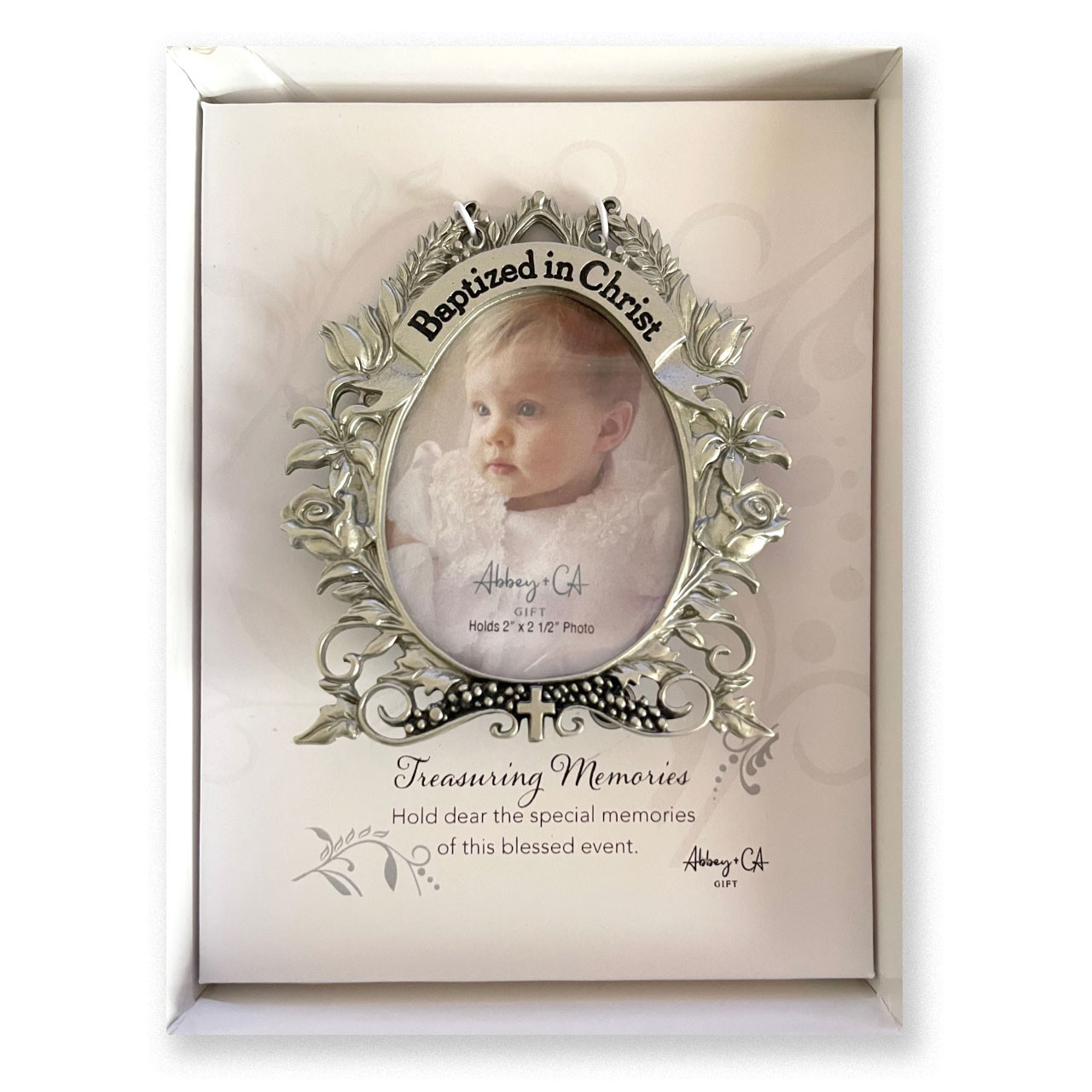 Oval Baptism Picture Frame holds a 2"W x 2-1/2"H photo; easel back