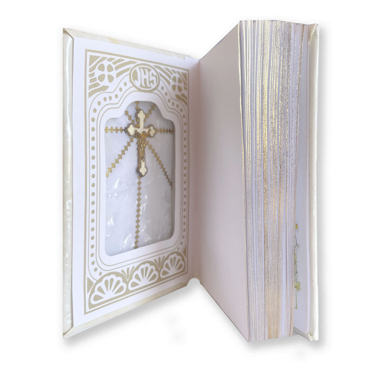 Inside Crucifix and gilded pages of the Girl's Spanish Pearl First Communion Missal
