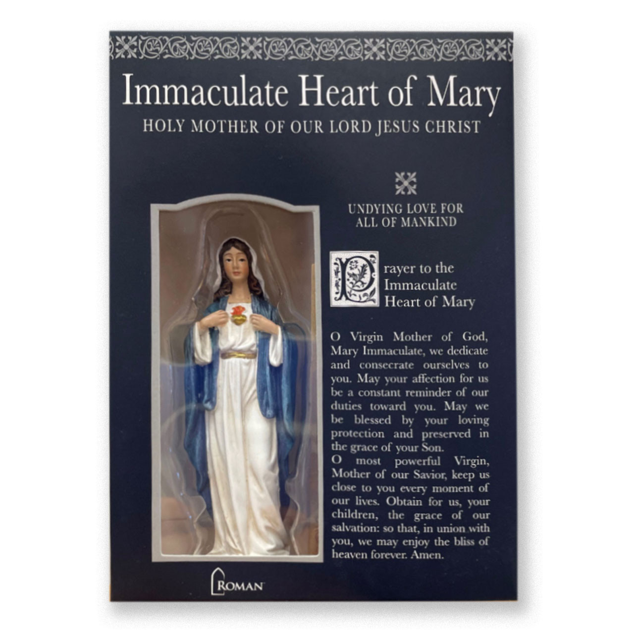 Box front of the Immaculate Heart of Mary Statue and prayer card