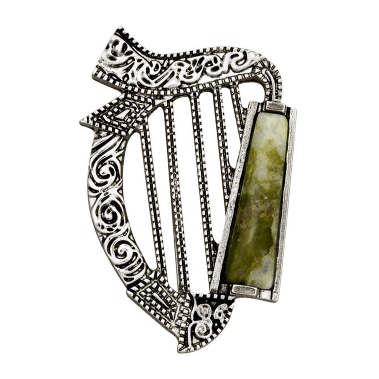 Irish Harp Brooch with Connemara Marble