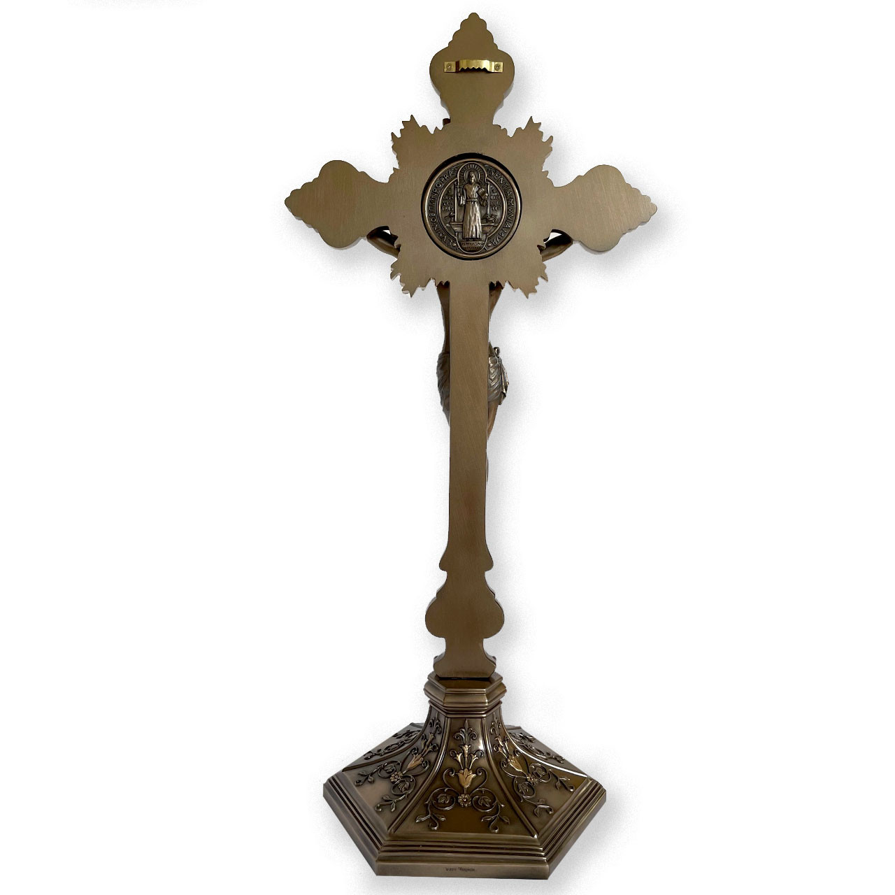 Back of the 17" St. Benedict Crucifix with Pewter tone Corpus & Bronze tone Cross