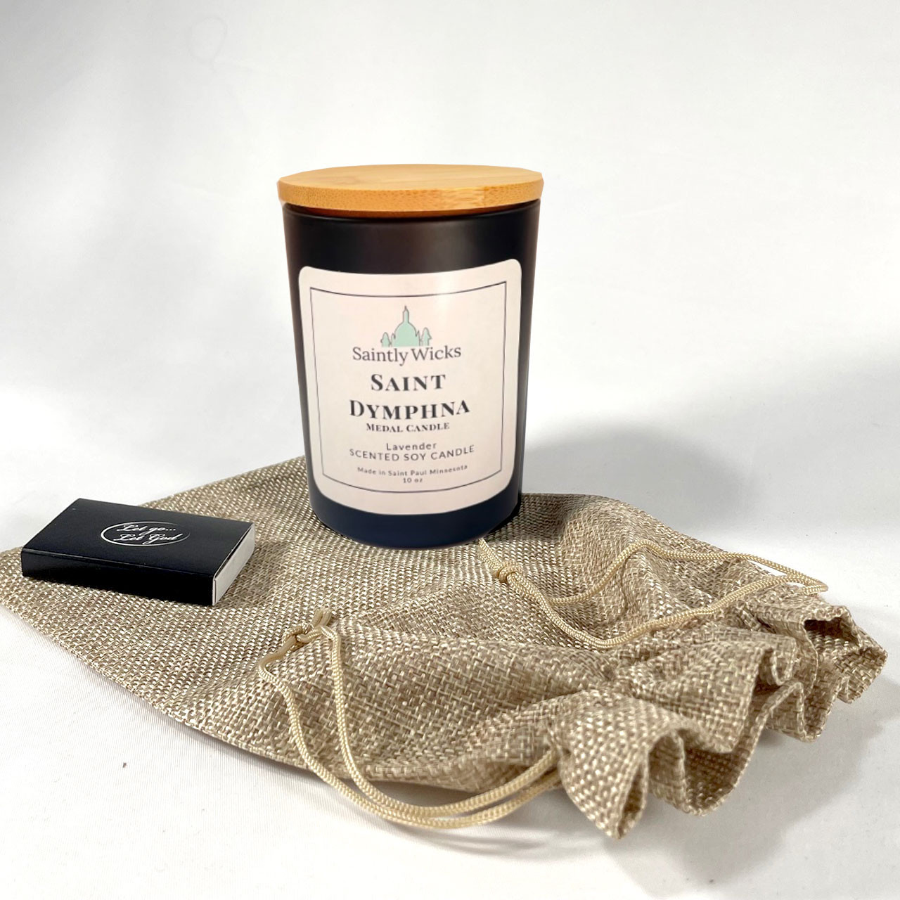 Soy Saint Dymphna Candle with Medal, Matchbox, and drawstring bag