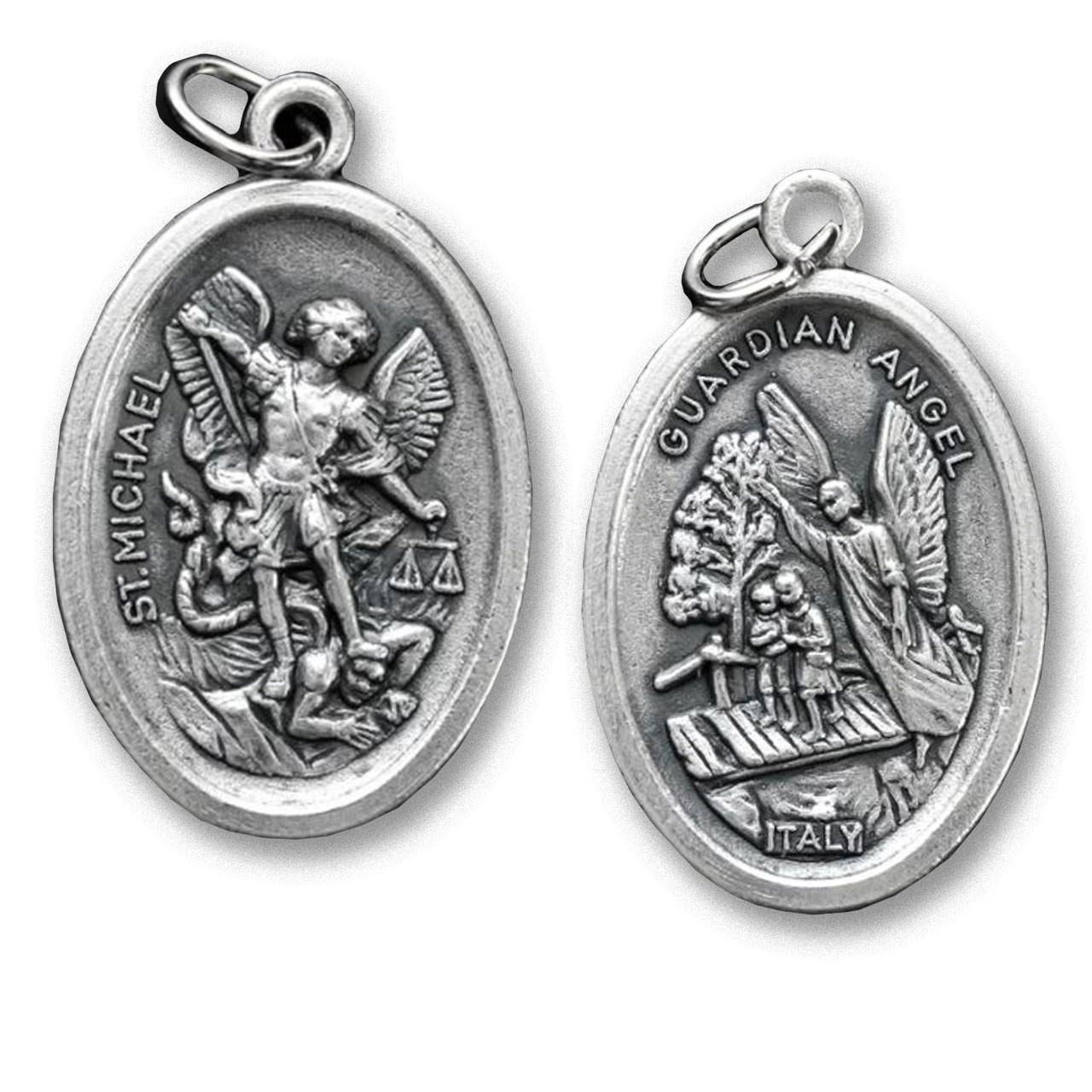 Silver-plated metal alloy St. Michael and Guardian Angel medal inside the St. Michael candle