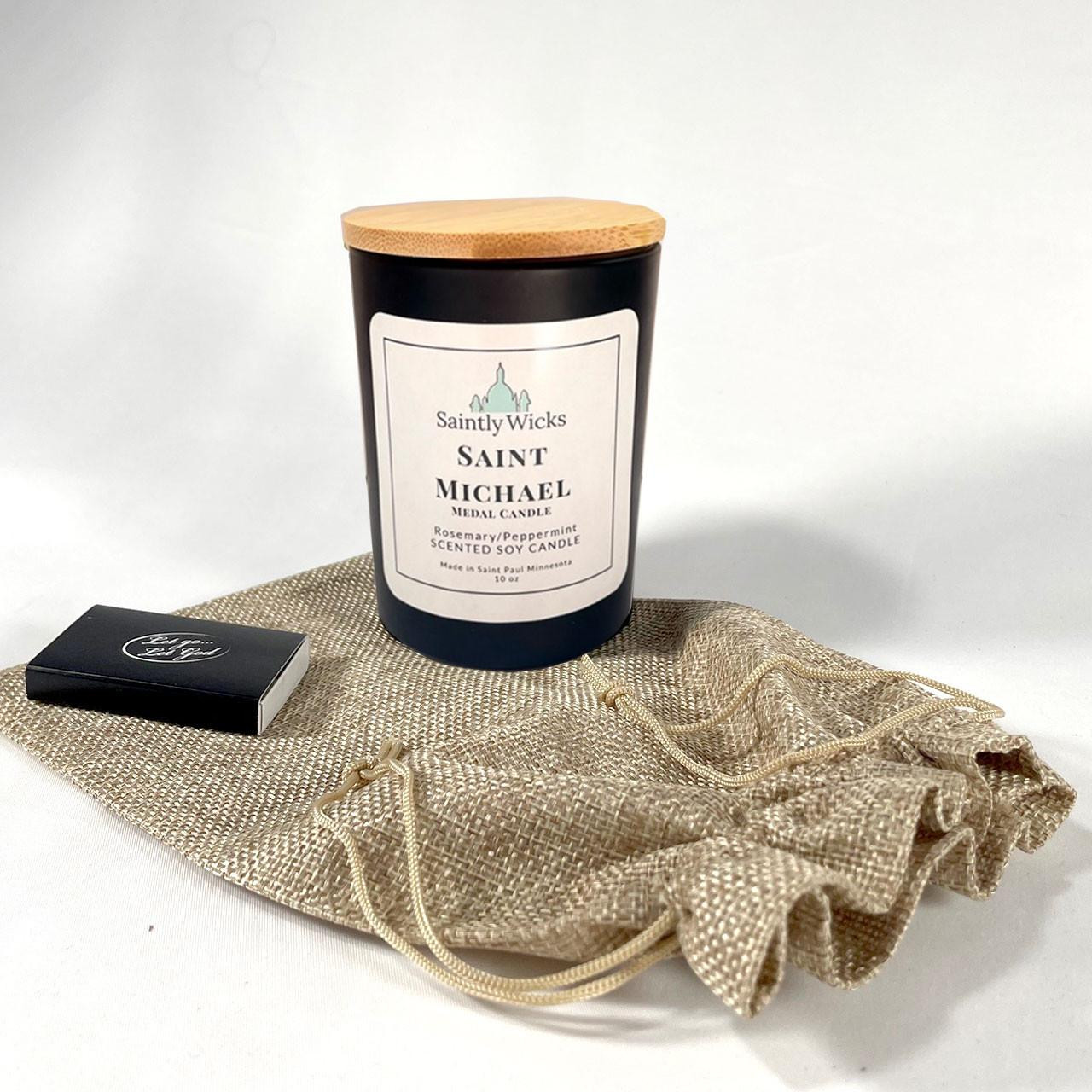 Soy Saint Michael Candle with Medal, Matchbox, and drawstring bag