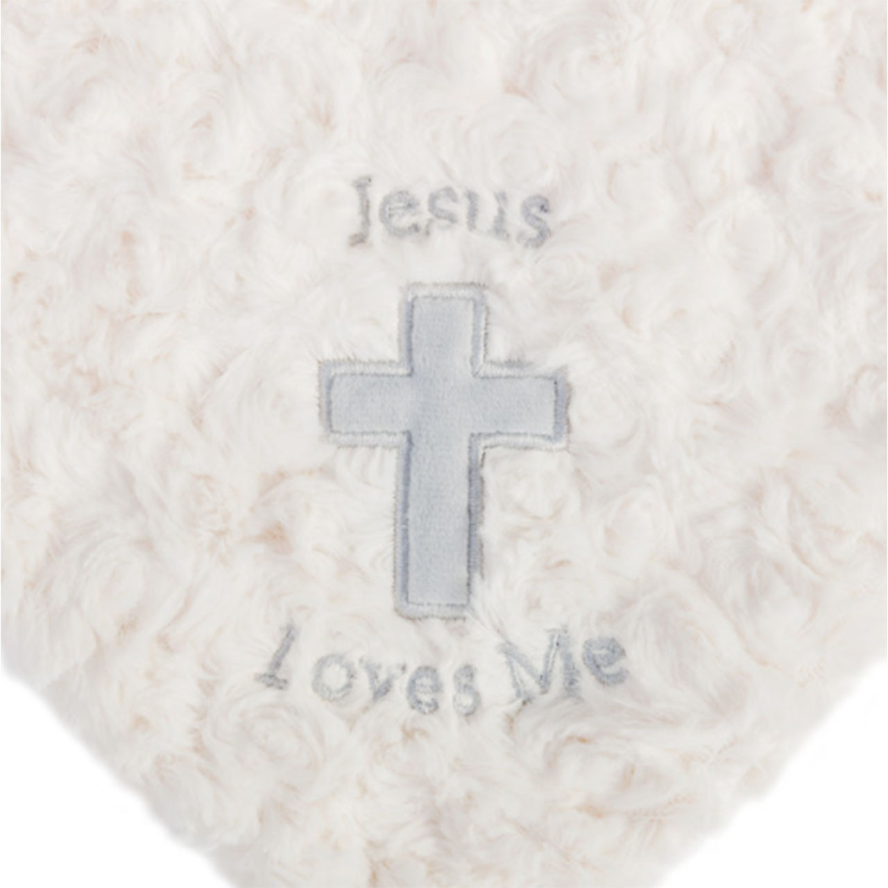 Detail of the "Jesus Loves Me" on the Lamb Baby Blankie with Rattle