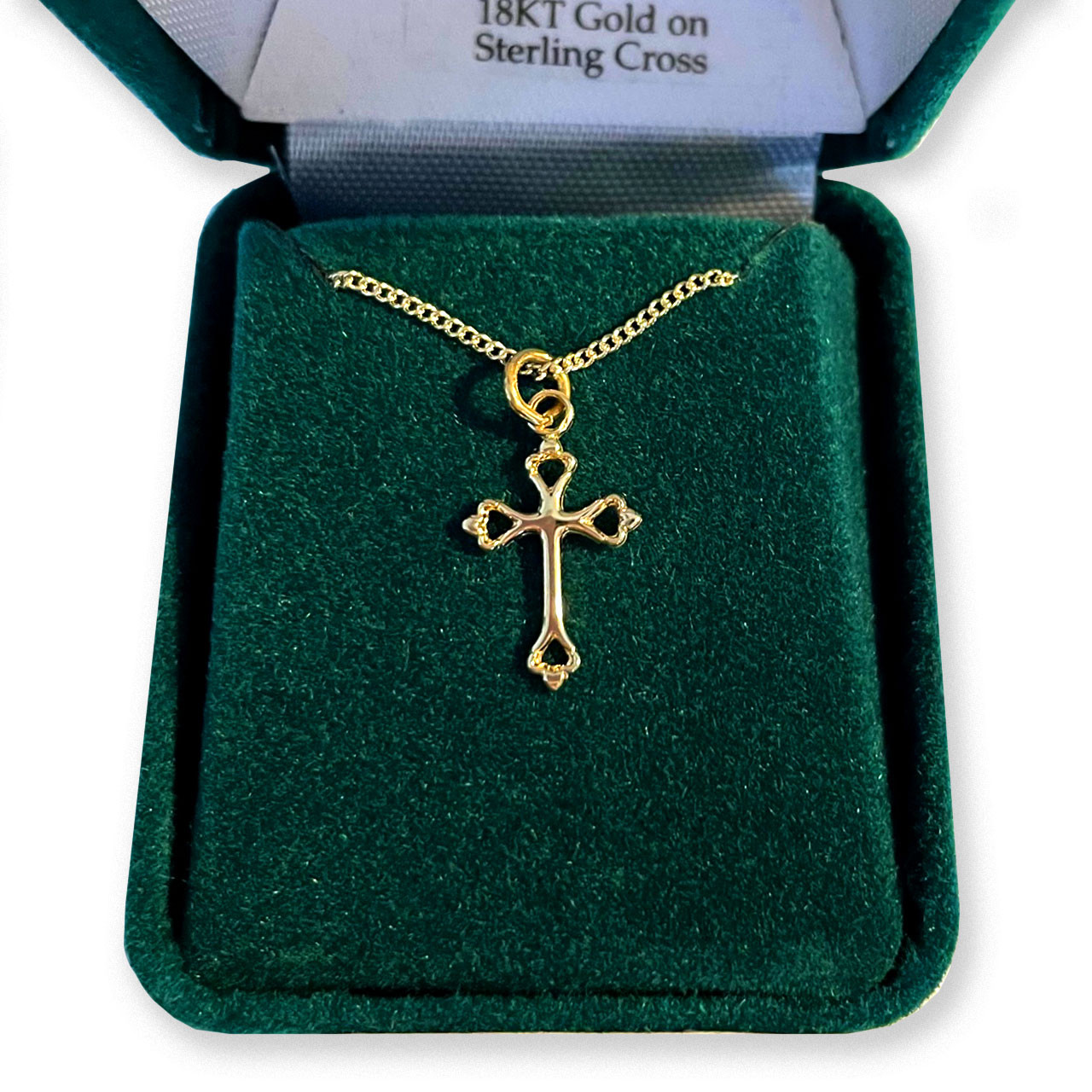 18kt Gold Open Budded Cross Necklace in Gift Box