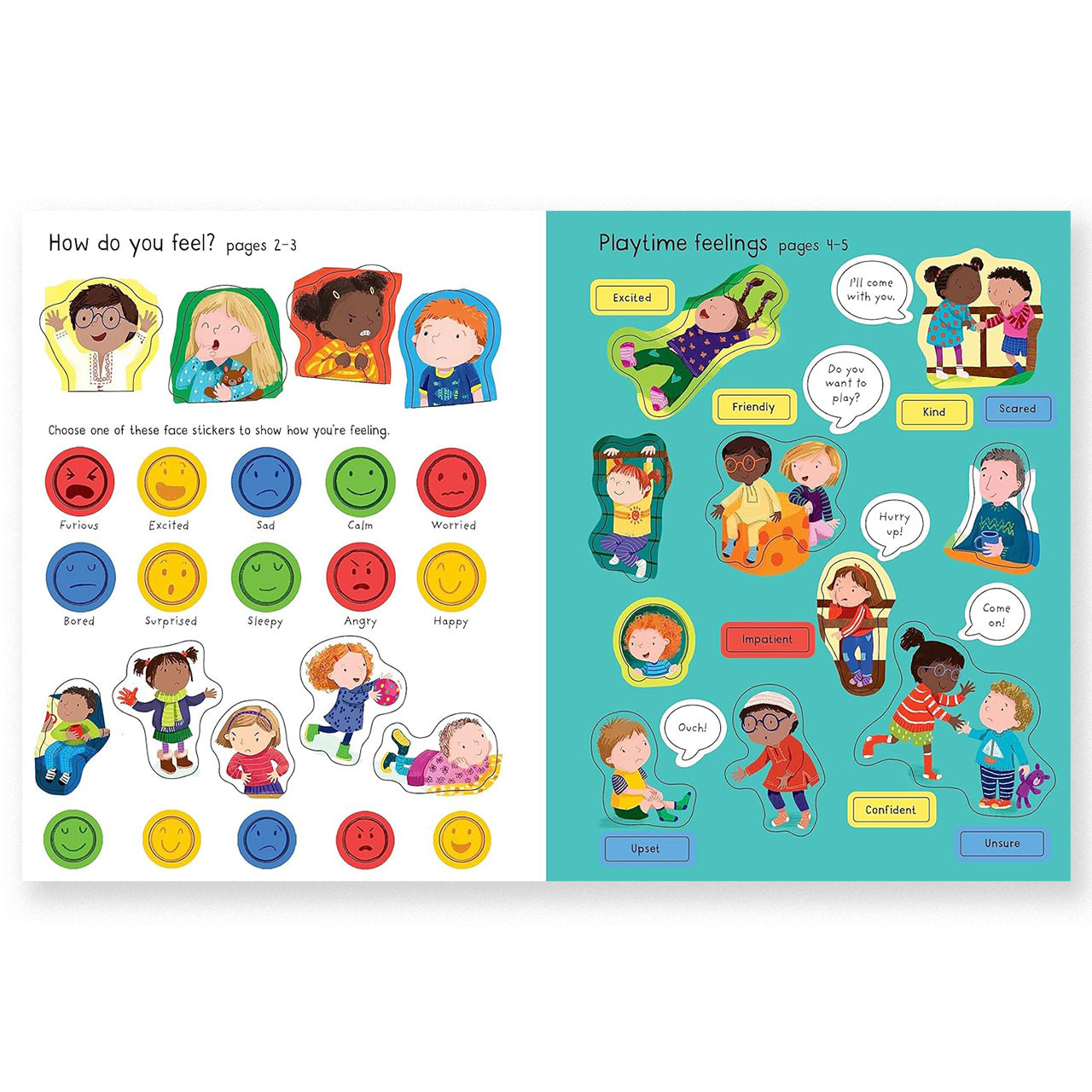 Example of a spread with lots of stickers on it that is included in the First Sticker Book Feelings