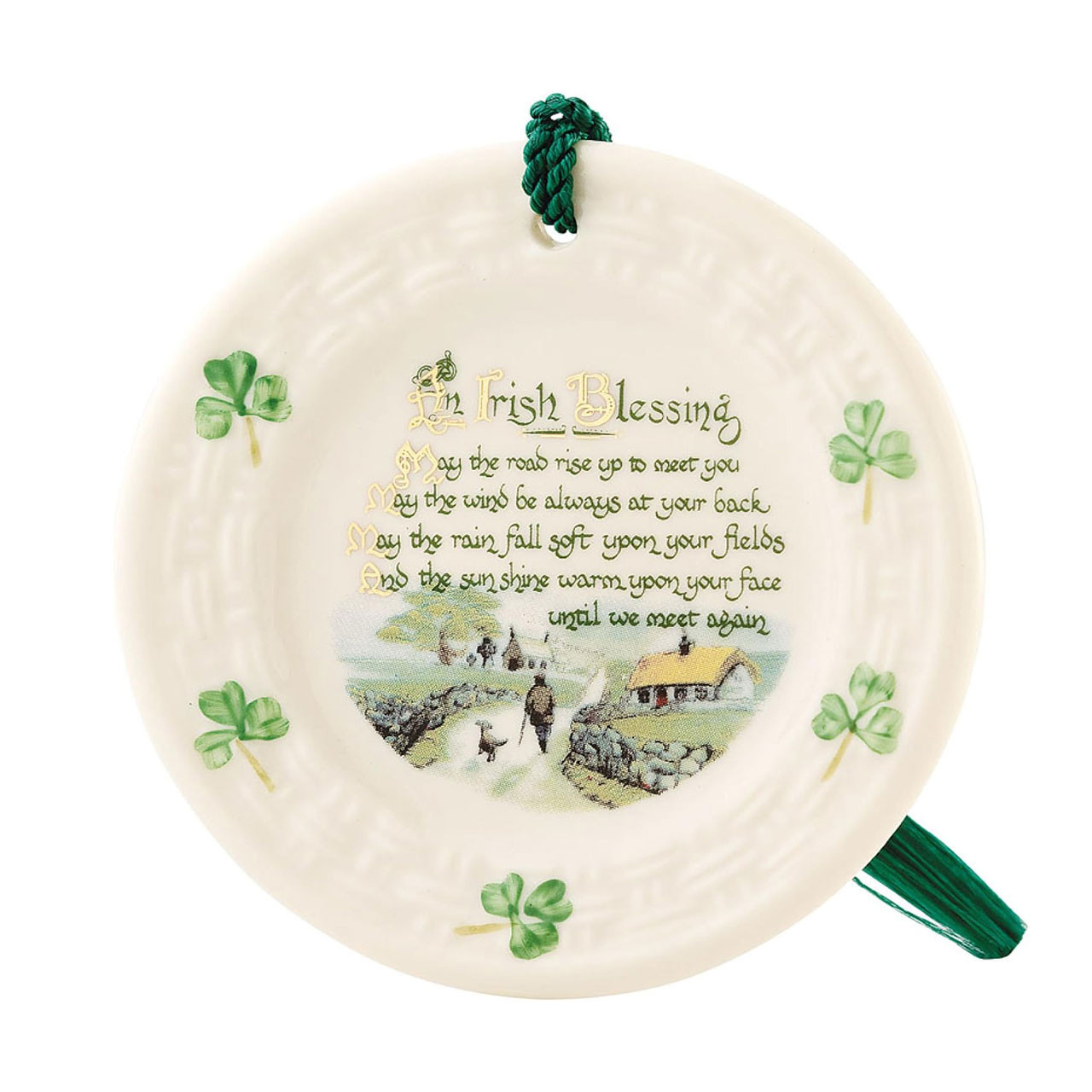 Belleek Irish Blessings Ornament with iconic shamrocks and gold accents