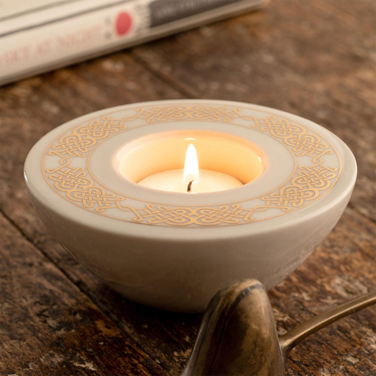 Belleek Tealight Celtic Votive Holder shown on a tabletop