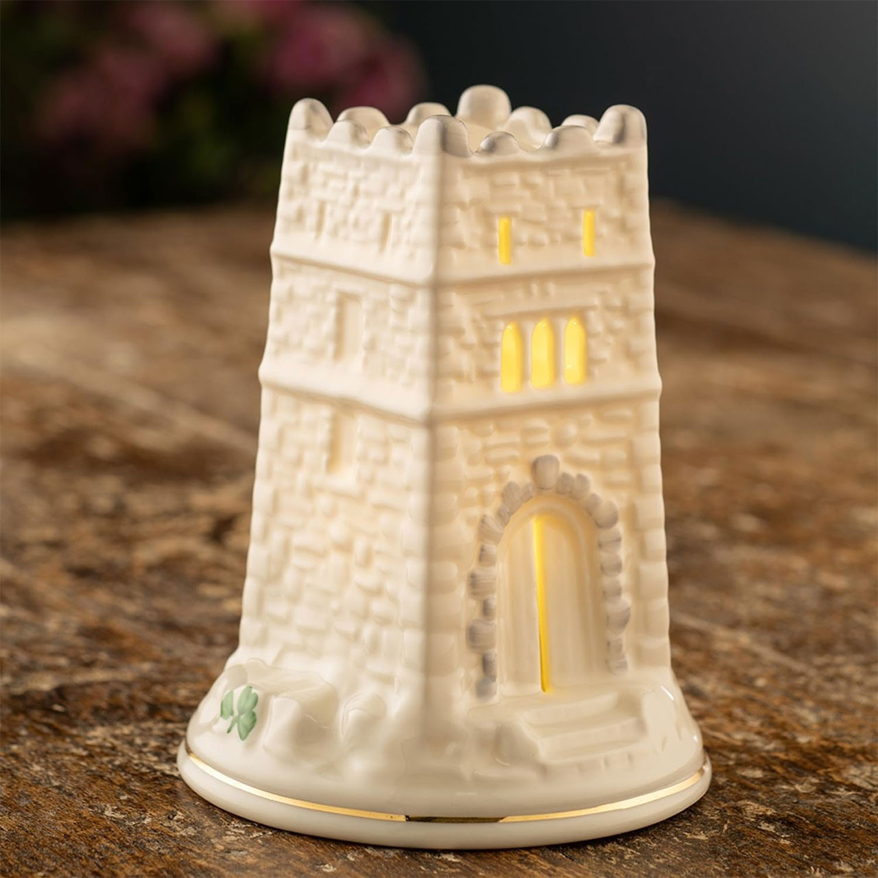 The front view of the Belleek LED Monea Castle Light on a table