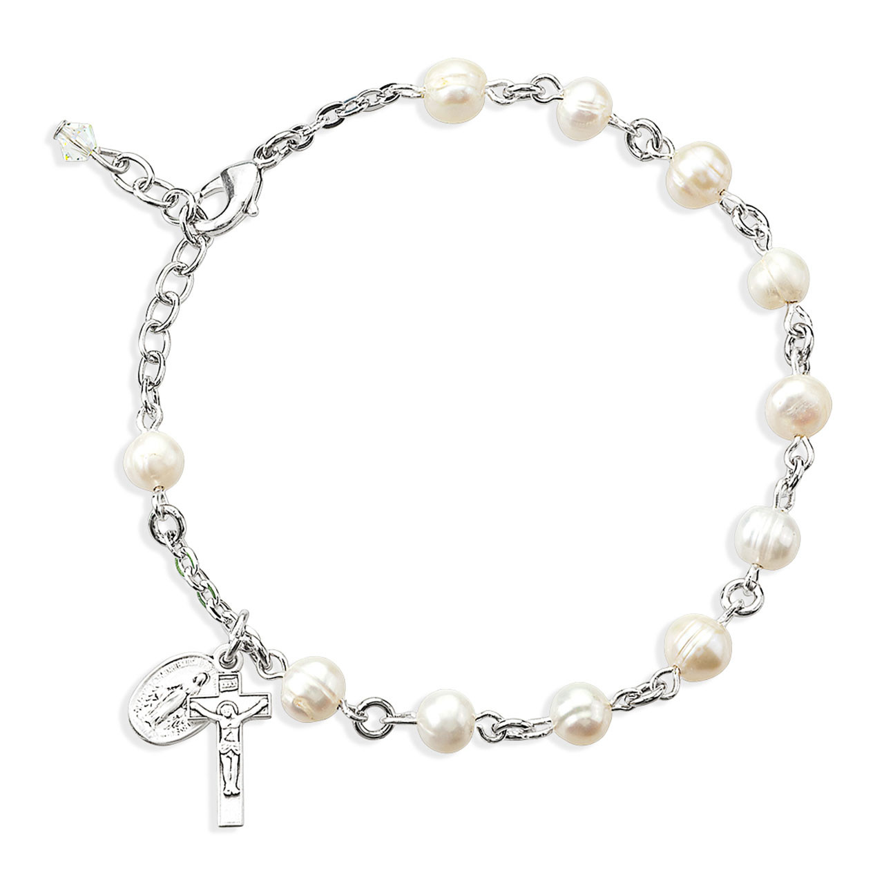 Freshwater Pearl and Sterling Silver Miraculous medal and Crucifix Rosary Bracelet
