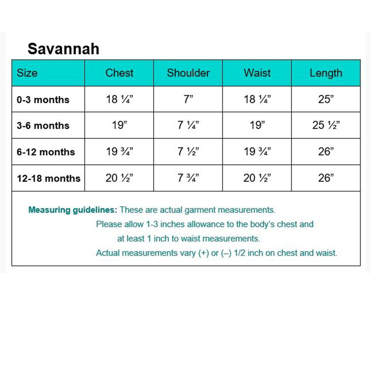 Size Chart for the Savannah Baptismal/Christening gown