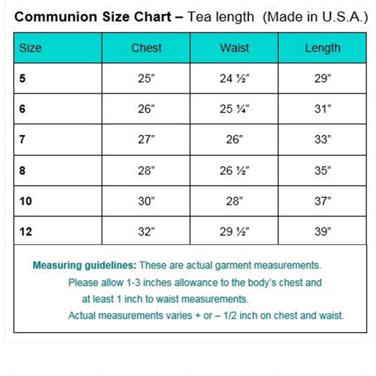 Size Chart for the Madeline First Communion Dress