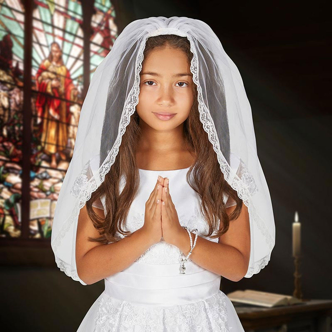 First Holy Communion Lace Trim Veil shown in a church setting