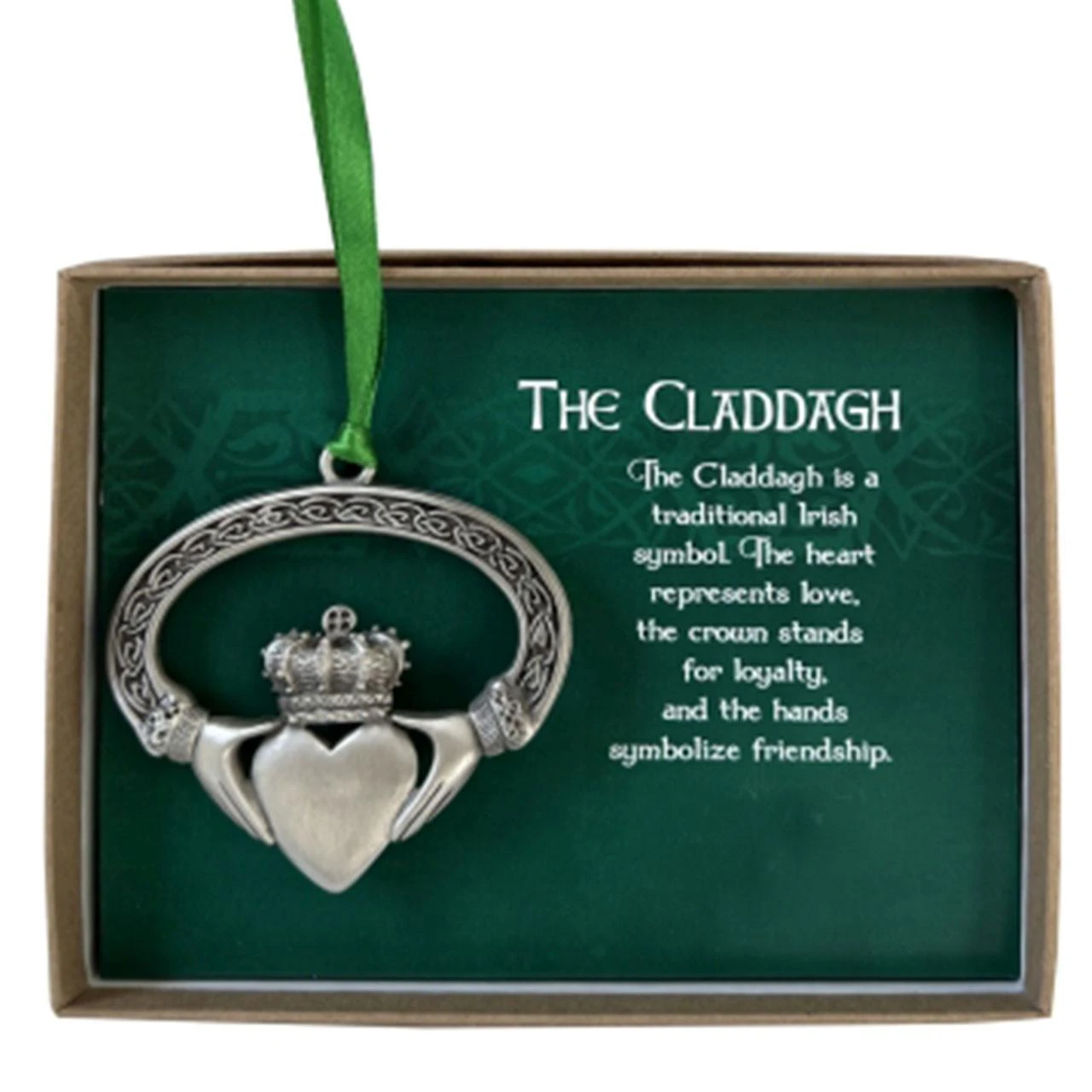 Irish Claddagh Ornament and Green Ribbon shown in packaging box