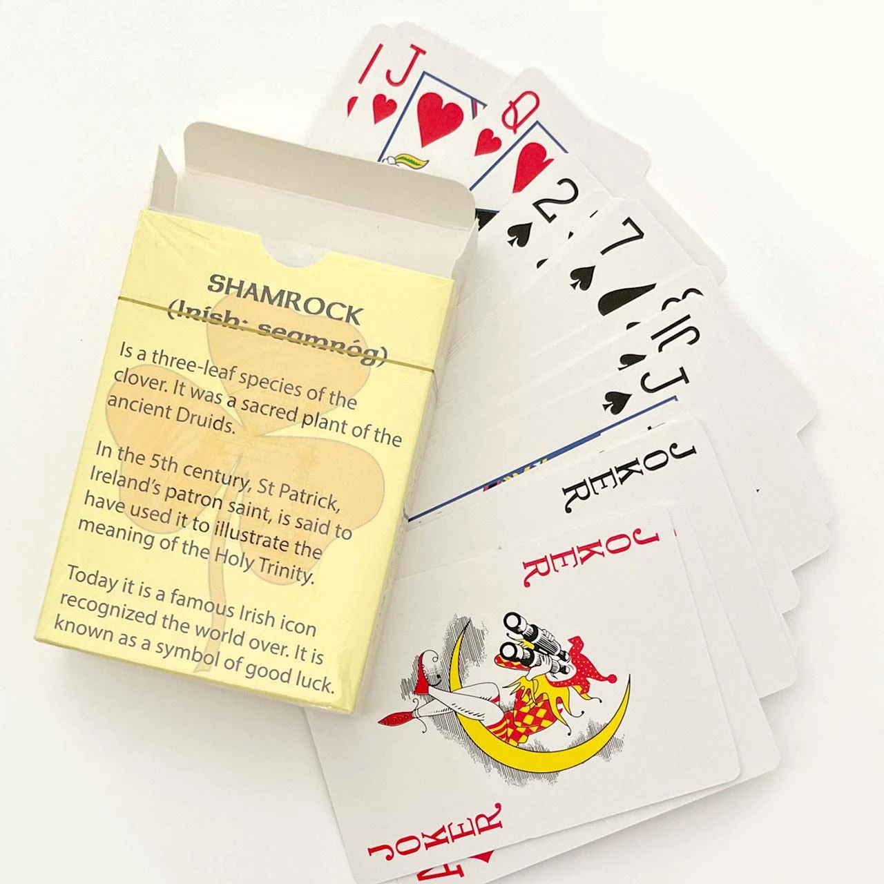 Face of the Irish Shamrock Playing Cards and back of the box with Shamrock history
