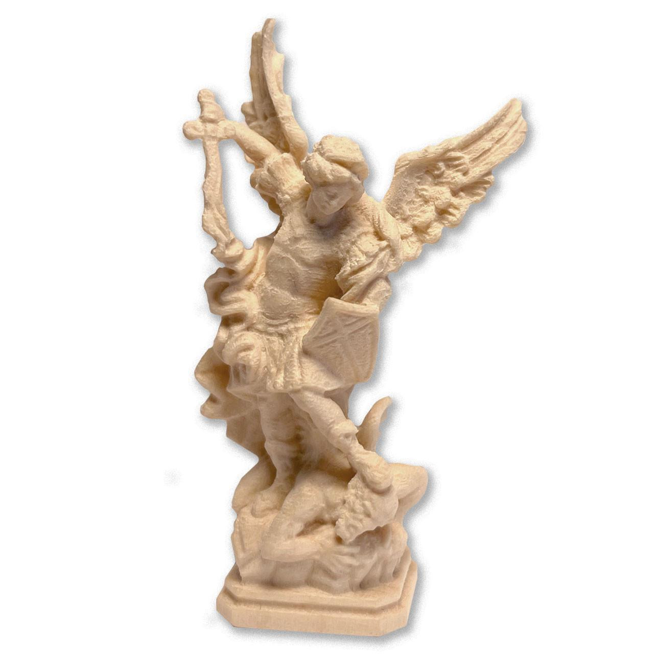 Detail photo of the 3 IN Natural Wood St. Michael Statue