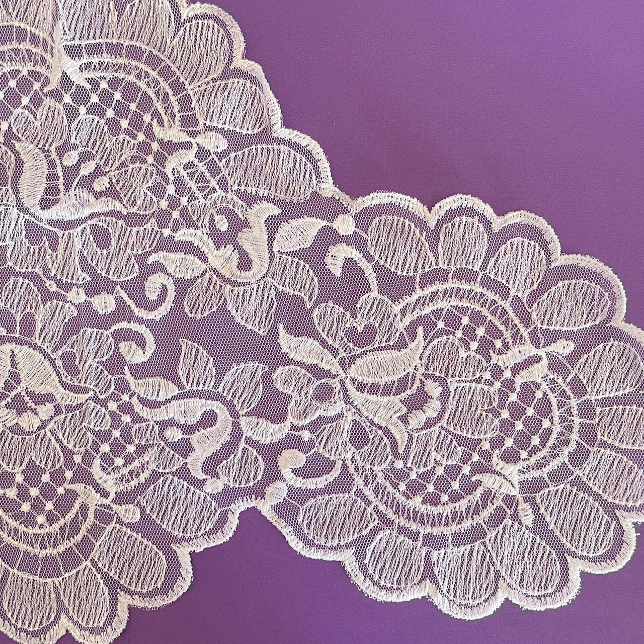White Lace Chapel Veil end and border lace patterns shown on purple to highlight the patterns