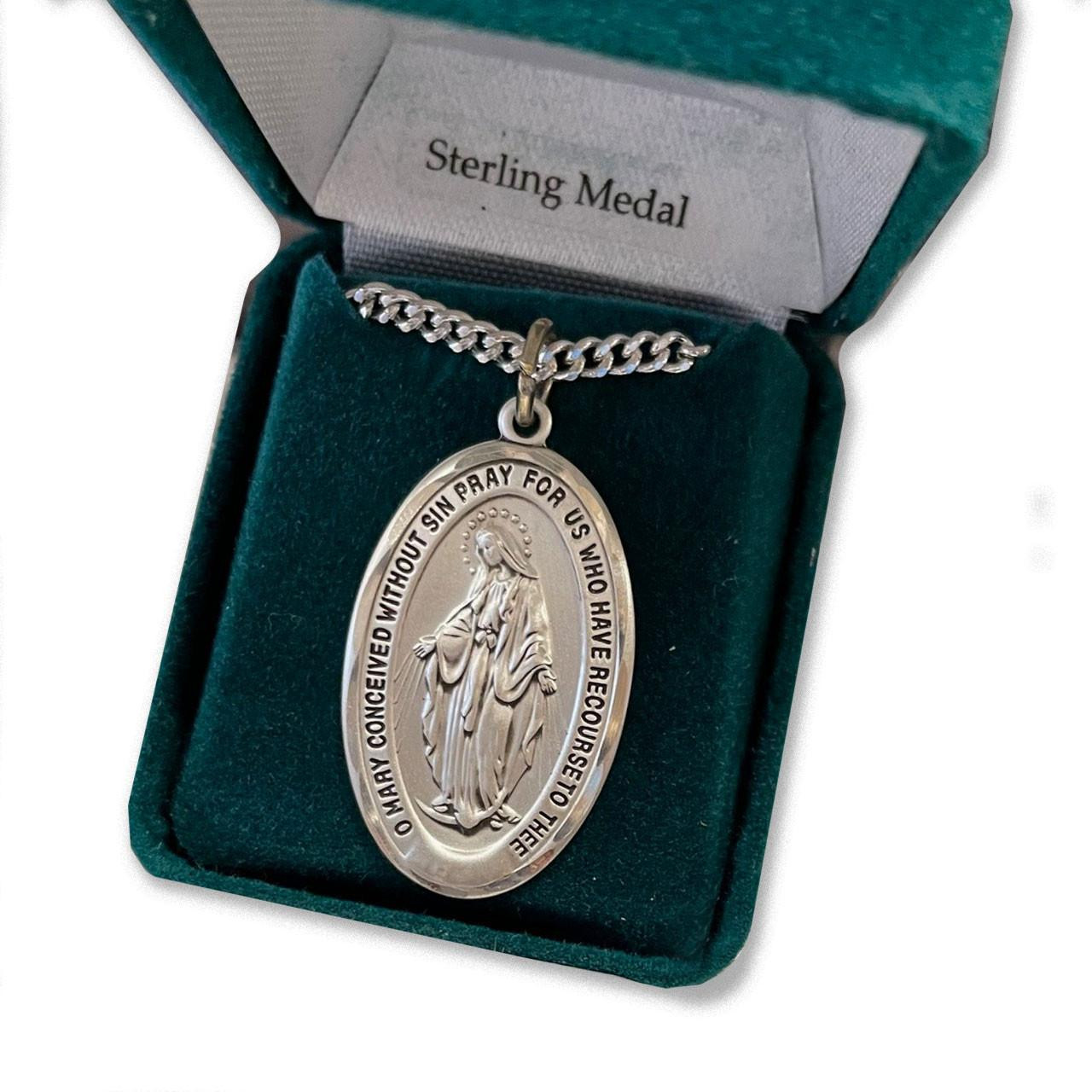 Oval Sterling Silver 3/4 View Miraculous Medal Necklace with 24" chain