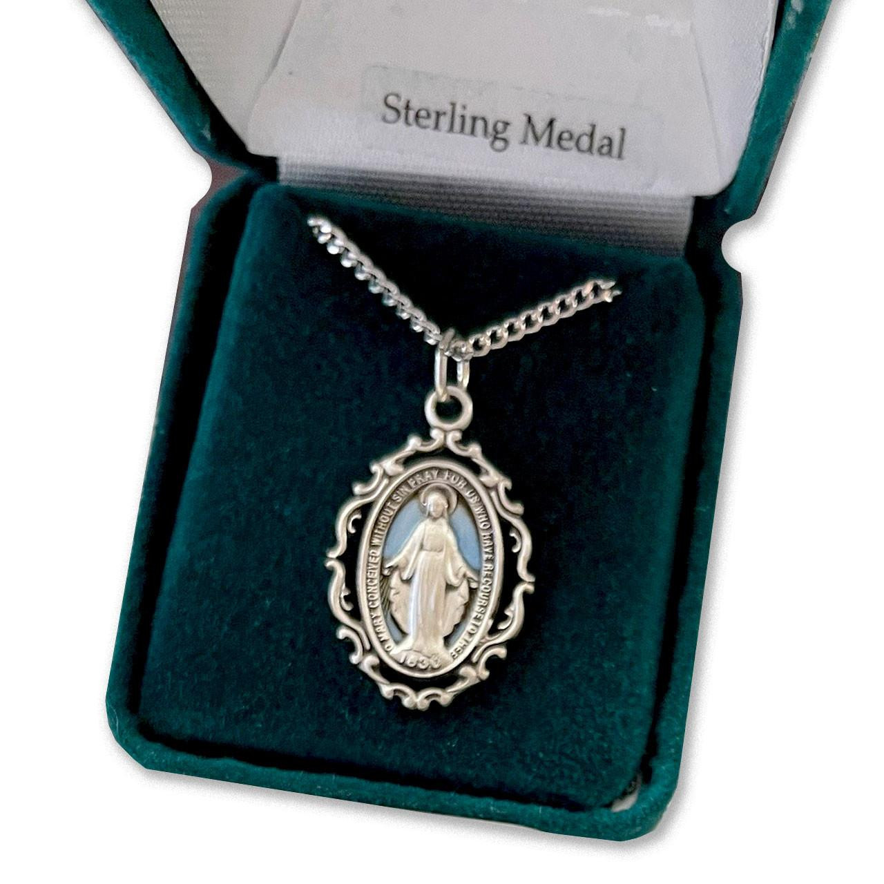 Blue Sterling Silver Baroque Miraculous Medal Pendant on 18" chain