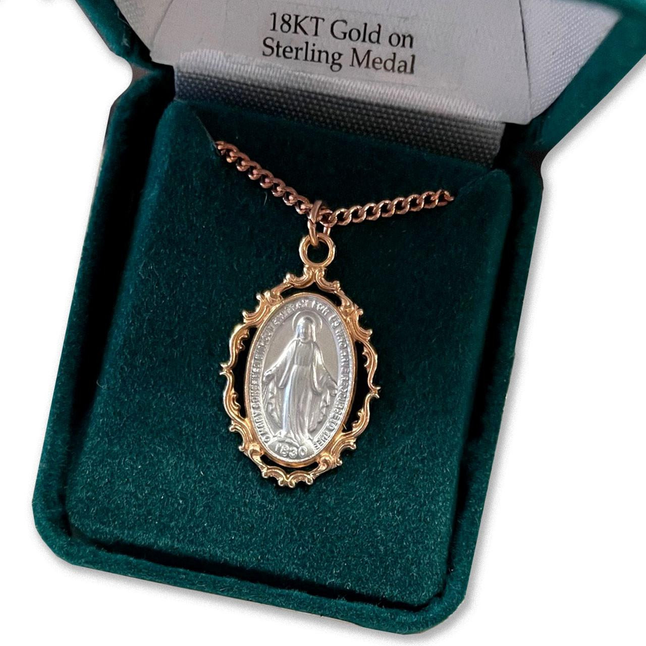 Oval Rose Gold Baroque Miraculous Medal Pendant on 18" chain