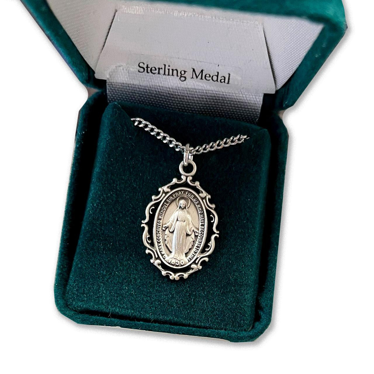 Sterling Silver Baroque Style Miraculous Medal Pendant with an 18" surgical stainless steel chain