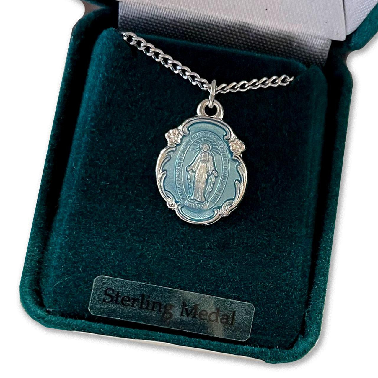 Sterling Silver and Blue Epoxy Floral Miraculous Medal Necklace on 18" chain