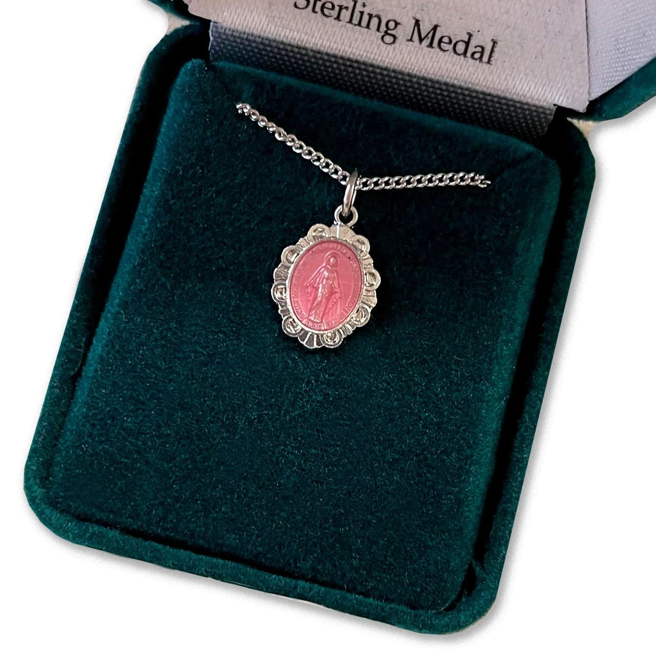 Pink Scallop Miraculous Medal Pendant on a 16" chain